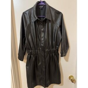 Steve Madden Black Faux Leather Collared Mid-Length Jacket 3/4 Sleeve Size L